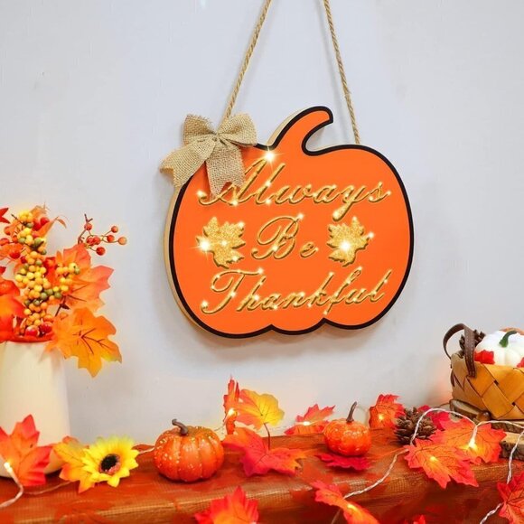 Always Be Thankful Battery Operated Maple Leaf Pumpkin Wooden Door Sign W/Timer - Picture 1 of 6